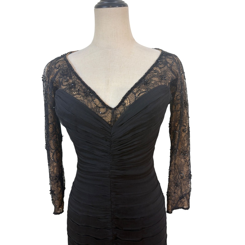 Tadashi Collection Cocktail Dress  2 Black Silk illusion Lace Ruched‎ Event chic - Picture 2 of 9